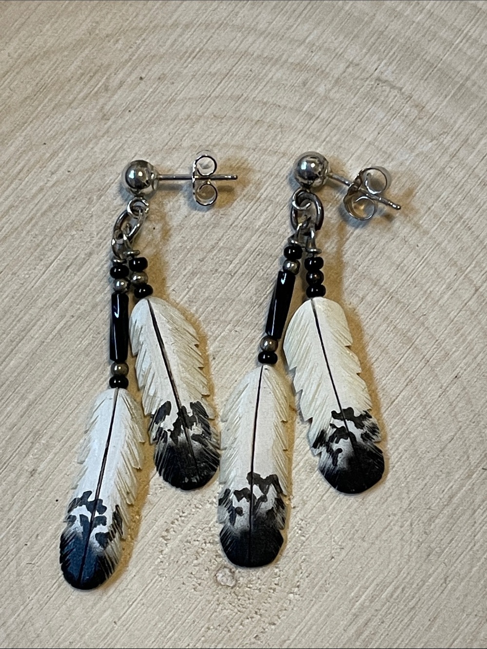 Hand-Carved Bone Eagle Feather Drop Earrings Native American